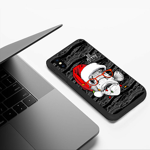 Чехол iPhone XS Max матовый Be merry, fish, Santa Claus / 3D-Черный – фото 3