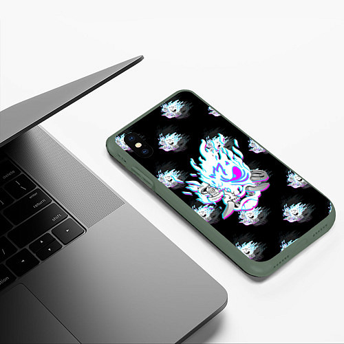 Чехол iPhone XS Max матовый Cyberpunk 2077 neon samurai glitch art colors / 3D-Темно-зеленый – фото 3