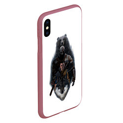 Чехол iPhone XS Max матовый Кратос медведь и Атрей волк GoW Ragnarok, цвет: 3D-малиновый — фото 2