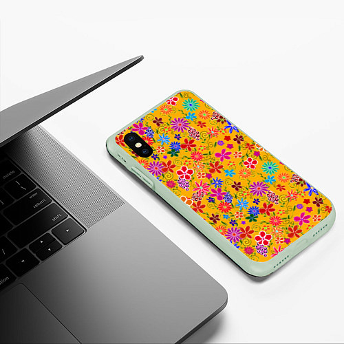 Чехол iPhone XS Max матовый Нарисованные цветы - орнамент / 3D-Салатовый – фото 3