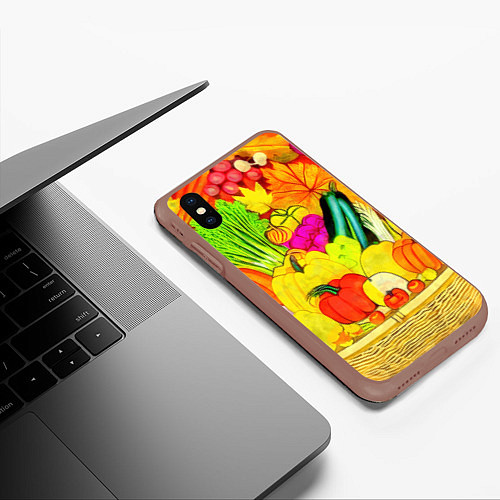 Чехол iPhone XS Max матовый Плетеная корзина, полная фруктов и овощей / 3D-Коричневый – фото 3