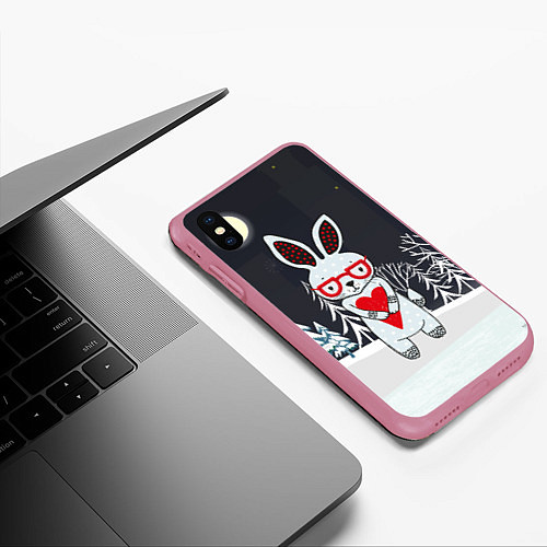 Чехол iPhone XS Max матовый Зайчик с сердечком в ночном лесу / 3D-Малиновый – фото 3