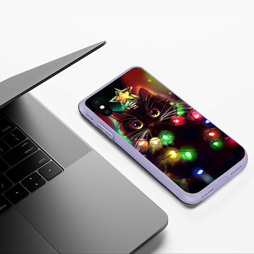 Чехол iPhone XS Max матовый Новый Год Кот / 3D-Светло-сиреневый – фото 3