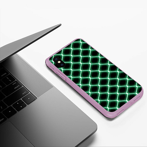 Чехол iPhone XS Max матовый Зелёная неоновая сетка / 3D-Сиреневый – фото 3