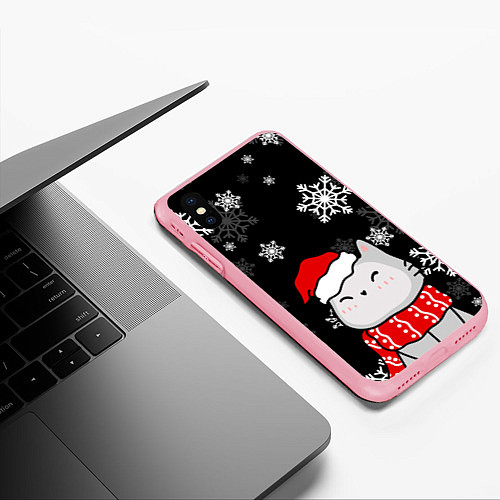 Чехол iPhone XS Max матовый Котик в новогодней шапочке - снежинки / 3D-Баблгам – фото 3