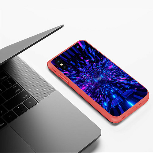 Чехол iPhone XS Max матовый Киберпанк синий неоновый тоннель / 3D-Красный – фото 3