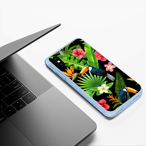Чехол iPhone XS Max матовый Тропический паттерн с туканом / 3D-Голубой – фото 3