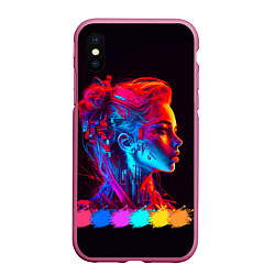 Чехол iPhone XS Max матовый Нейросеть - девушка киборг в неоновом свечении, цвет: 3D-малиновый