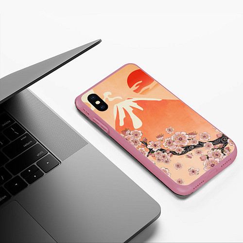 Чехол iPhone XS Max матовый Ветка цветущей сакуры и вулкан / 3D-Малиновый – фото 3