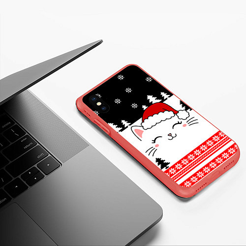 Чехол iPhone XS Max матовый Новогодний котик в шапочке / 3D-Красный – фото 3