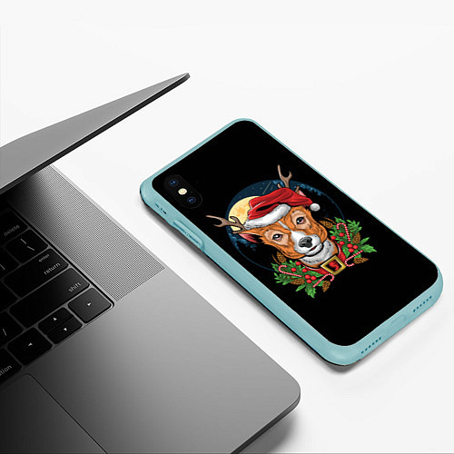 Чехол iPhone XS Max матовый Новогодний оленёнок / 3D-Мятный – фото 3
