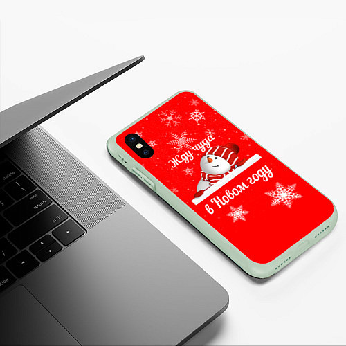 Чехол iPhone XS Max матовый Снеговик ждёт чуда / 3D-Салатовый – фото 3
