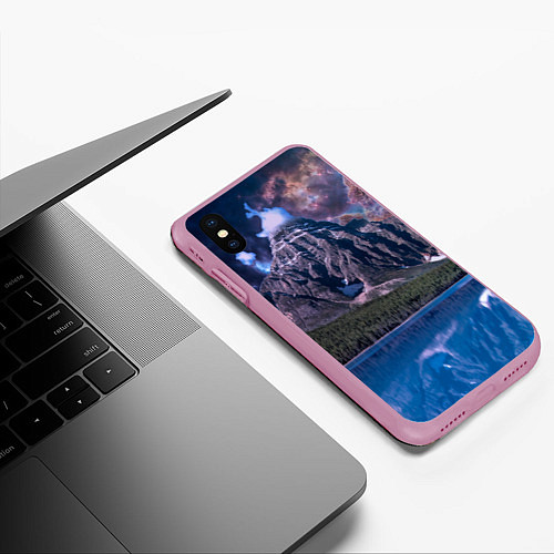 Чехол iPhone XS Max матовый Горы и лес у озера / 3D-Розовый – фото 3