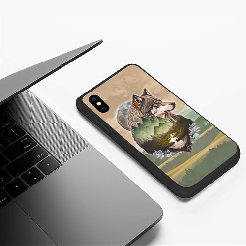 Чехол iPhone XS Max матовый Портрет волка в технике двойной экспозиции / 3D-Черный – фото 3
