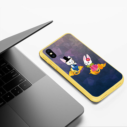 Чехол iPhone XS Max матовый Пара белых кроликов в ханбоках / 3D-Желтый – фото 3