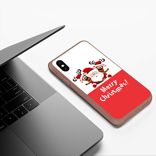 Чехол iPhone XS Max матовый Дед Мороз с оленями / 3D-Коричневый – фото 3