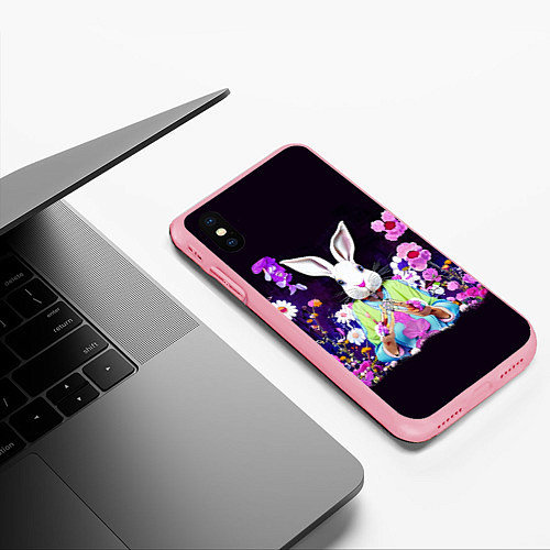 Чехол iPhone XS Max матовый Кролик в цветах на черном фоне / 3D-Баблгам – фото 3