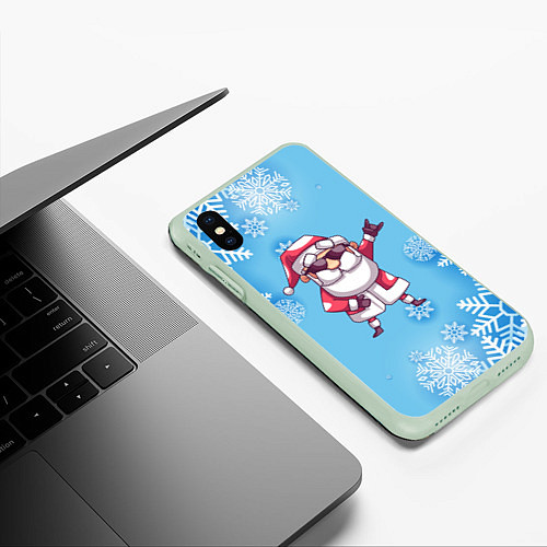 Чехол iPhone XS Max матовый Крутой Дед Мороз - снежинки / 3D-Салатовый – фото 3
