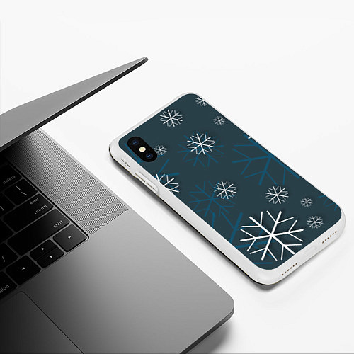 Чехол iPhone XS Max матовый Белые снежинки на синем фоне / 3D-Белый – фото 3