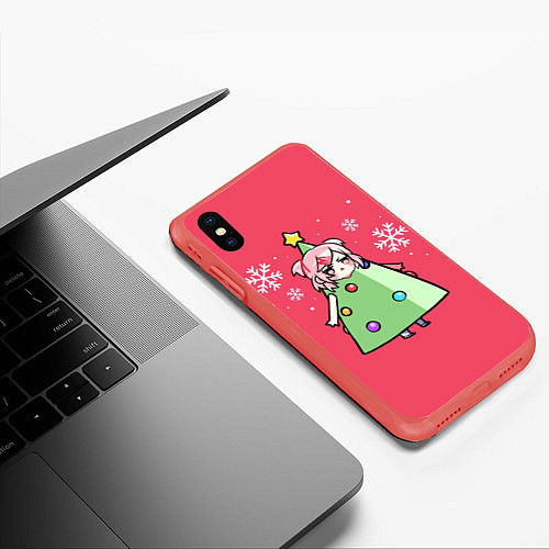 Чехол iPhone XS Max матовый Аниме девочка в костюме ёлки / 3D-Красный – фото 3