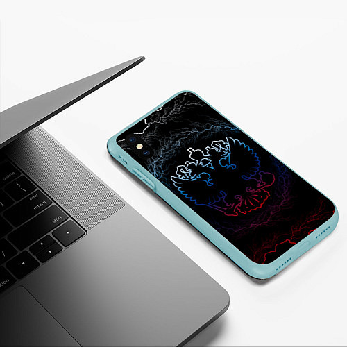 Чехол iPhone XS Max матовый Герб России - молнии / 3D-Мятный – фото 3