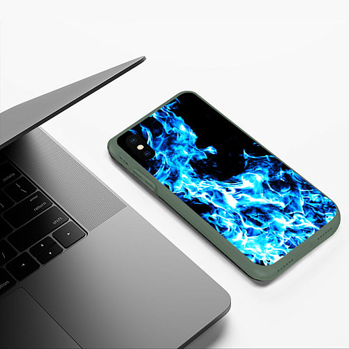 Чехол iPhone XS Max матовый Красивый неоновый синий огонь / 3D-Темно-зеленый – фото 3