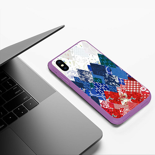 Чехол iPhone XS Max матовый Флаг России в стиле пэчворк / 3D-Фиолетовый – фото 3