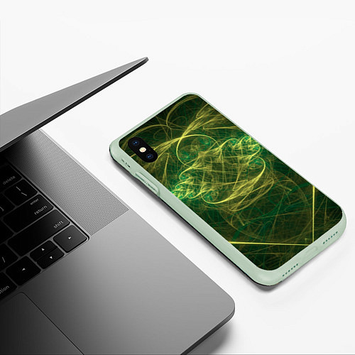 Чехол iPhone XS Max матовый Зелёно-жёлтый волнообразные линии во тьме / 3D-Салатовый – фото 3