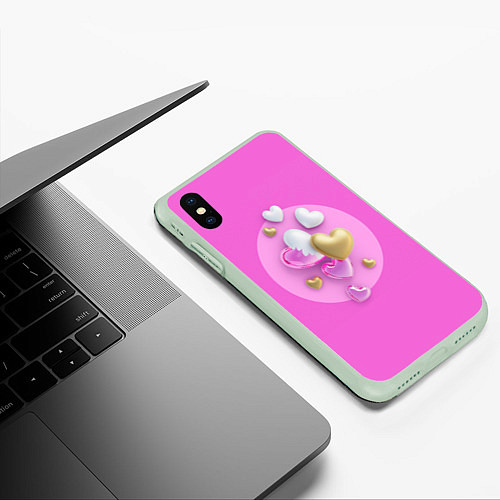 Чехол iPhone XS Max матовый Милые любовные сердца / 3D-Салатовый – фото 3