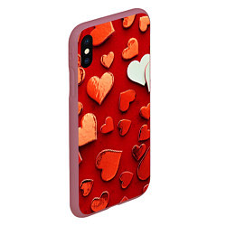 Чехол iPhone XS Max матовый Красные сердца на красном фоне, цвет: 3D-малиновый — фото 2