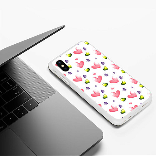 Чехол iPhone XS Max матовый Акварельные сердечки - паттерн / 3D-Белый – фото 3