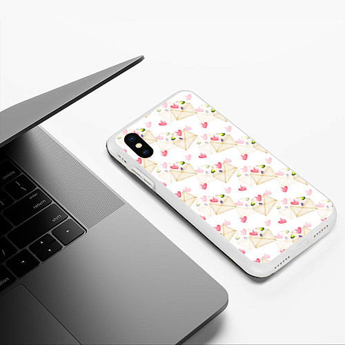Чехол iPhone XS Max матовый Конверты с сердечками - паттерн / 3D-Белый – фото 3