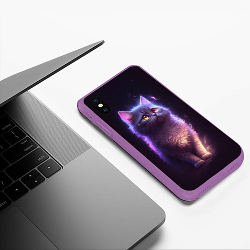 Чехол iPhone XS Max матовый Неоновый котик и луна / 3D-Фиолетовый – фото 3
