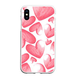 Чехол iPhone XS Max матовый Розовые акварельные сердца - паттерн, цвет: 3D-белый