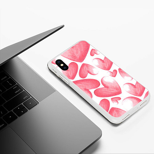 Чехол iPhone XS Max матовый Розовые акварельные сердца - паттерн / 3D-Белый – фото 3