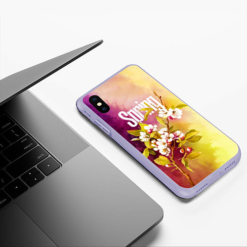 Чехол iPhone XS Max матовый Ветка цветущей яблони акварель / 3D-Светло-сиреневый – фото 3