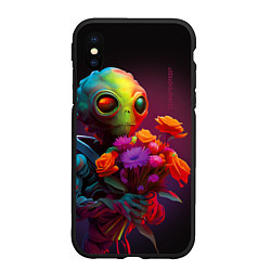 Чехол iPhone XS Max матовый Инопланетянин с цветами, цвет: 3D-черный