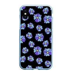 Чехол iPhone XS Max матовый Дудл цветы на черном - паттерн, цвет: 3D-голубой