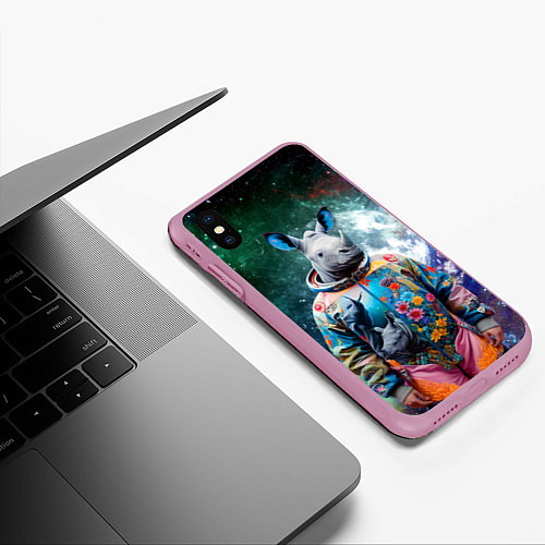 Чехол iPhone XS Max матовый Rhino in spacesuit - neural network / 3D-Розовый – фото 3