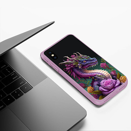 Чехол iPhone XS Max матовый Неоновый дракон с цветами / 3D-Сиреневый – фото 3