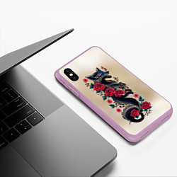 Чехол iPhone XS Max матовый Irezumi - татуировка лиса в розах, цвет: 3D-сиреневый — фото 2