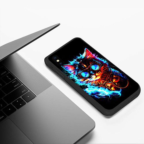 Чехол iPhone XS Max матовый Светящийся кот стимпанк / 3D-Черный – фото 3