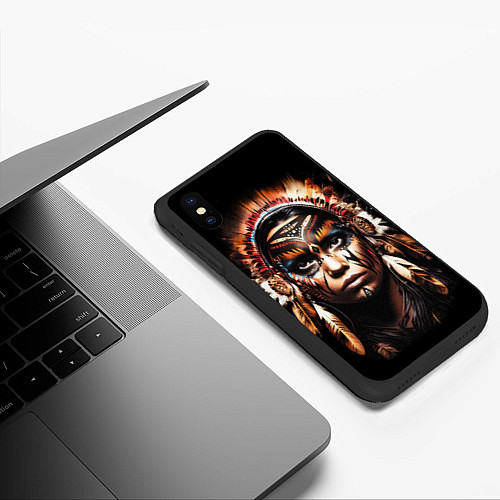 Чехол iPhone XS Max матовый Индианка в боевой раскраске / 3D-Черный – фото 3