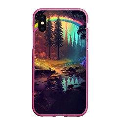 Чехол iPhone XS Max матовый Неоновый лес с радугой, цвет: 3D-малиновый