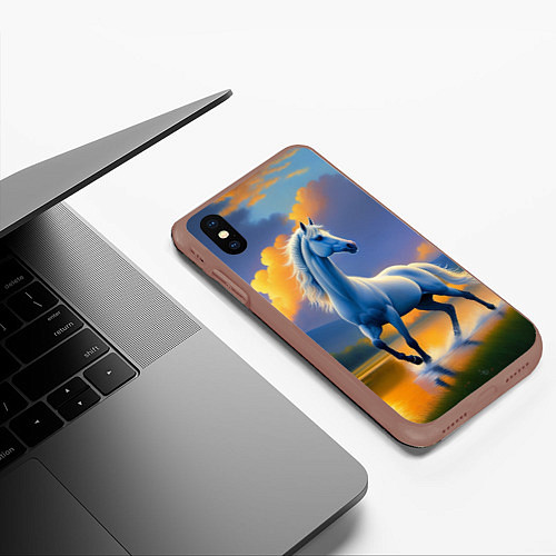 Чехол iPhone XS Max матовый Белая лошадь на рассвете / 3D-Коричневый – фото 3