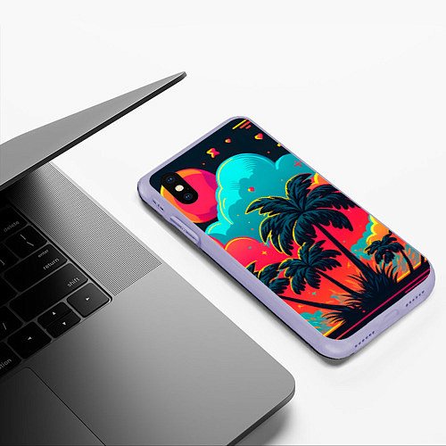 Чехол iPhone XS Max матовый Неоновые пальмы на закате / 3D-Светло-сиреневый – фото 3