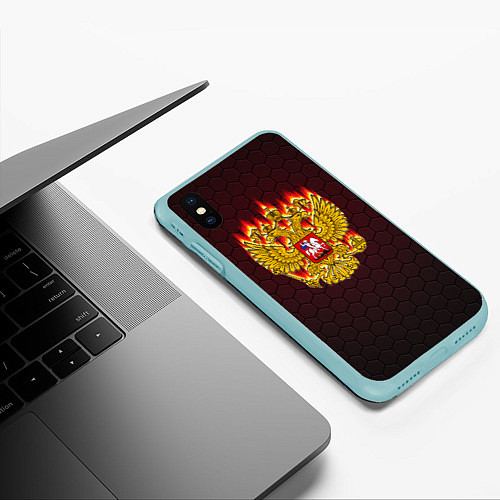 Чехол iPhone XS Max матовый Пылающий герб РФ / 3D-Мятный – фото 3