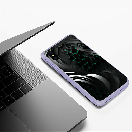 Чехол iPhone XS Max матовый Объемные бирюзовые плиты и черные линии / 3D-Светло-сиреневый – фото 3