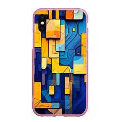 Чехол iPhone XS Max матовый Синие и жёлтые фигуры, цвет: 3D-розовый