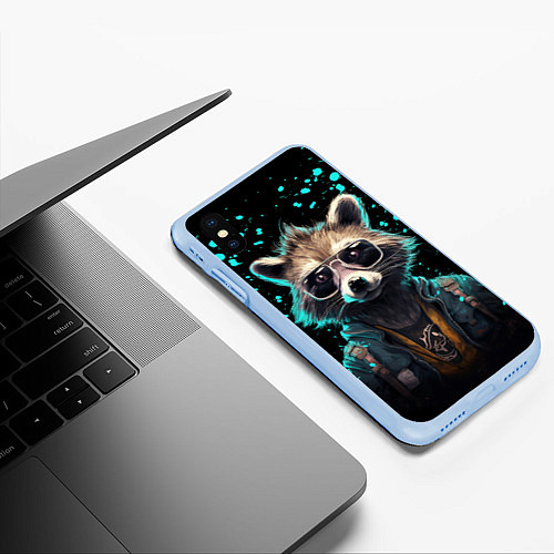 Чехол iPhone XS Max матовый Енот в стиле киберпанк / 3D-Голубой – фото 3